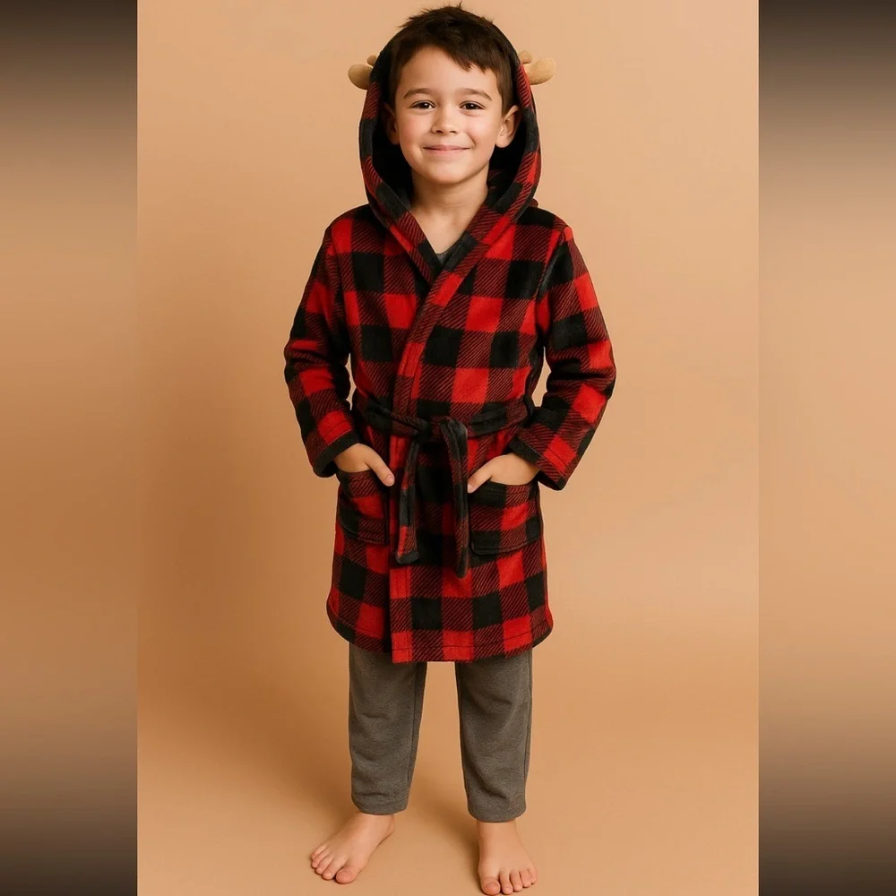 Cuddl Duds Kids Buffalo Plaid Fleece Hooded Robe w/ Antlers L (12/14)